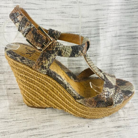 Sofft Leather‎ Snakeskin Wedge Espadrille T-Strap Sandal Size 9 - Picture 1 of 9